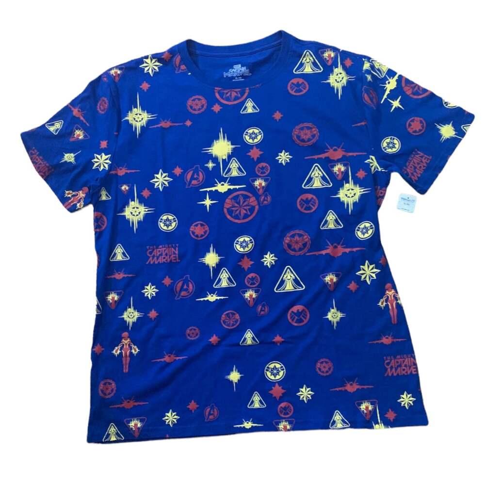 Captain marvel Mens XL  new with tags shirt short sleeve blue all over